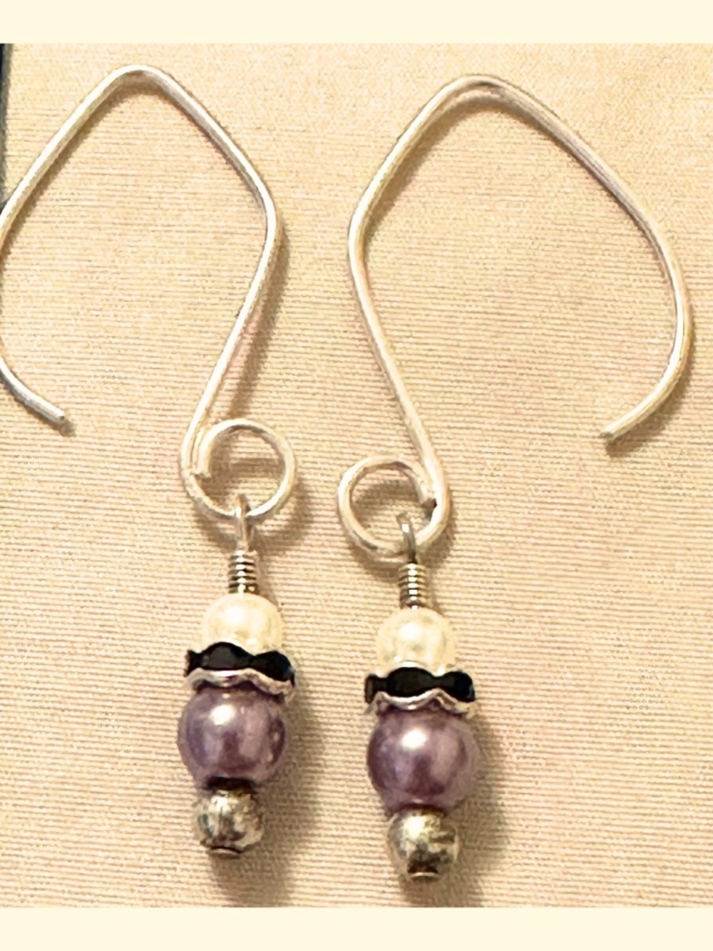 Handmade Plum Purple Faux Pearl Earrings Black Rhinestone Stainless Steel Hooks